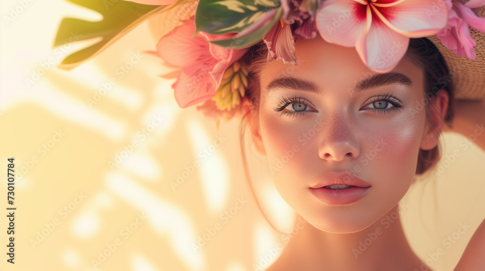 Beautiful fashion portrait of young woman with wreath of summer tropic flowers in hairstyle over light background with sunlight and shadows.