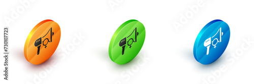 Isometric Female movement, feminist activist with banner and placards icon isolated on white background. Feminist rights movement, feminism sisterhood. Circle button. Vector