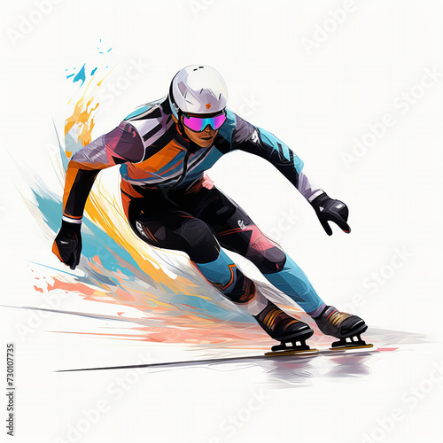 Dynamic Speed Skating Athlete in Action - Vibrant, Energetic Illustration of Winter Sports Passion and Movement with Artistic Color Splashes photo