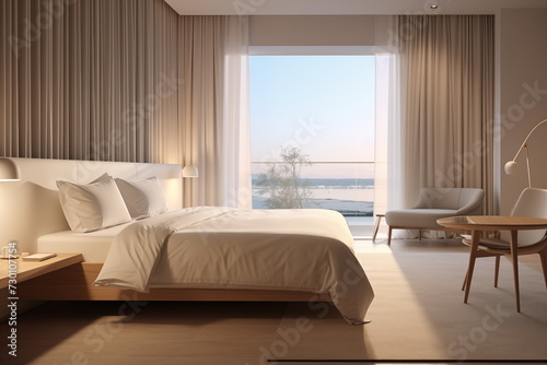 Minimal bedroom, House interior design backdrop, White modern bedroom, Simple design. © jirayut