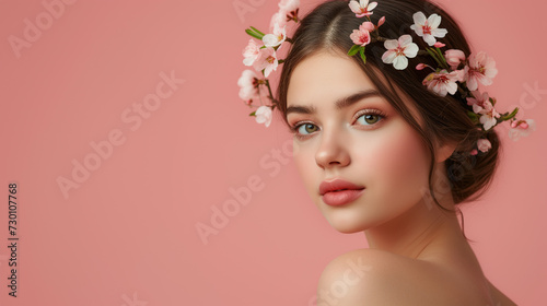 Beautiful fashion portrait of young woman with wreath of spring flowers in hairstyle over pink background. For aroma, cosmetics, skincare treatment promotion