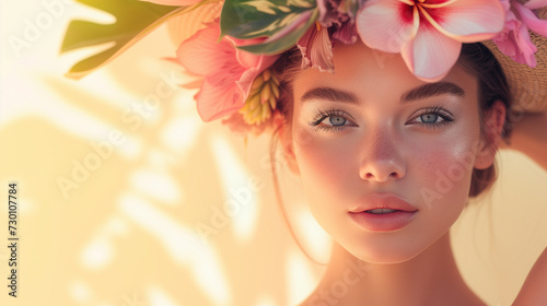 Beautiful fashion portrait of young woman with wreath of summer tropic flowers in hairstyle over light background with sunlight and shadows.