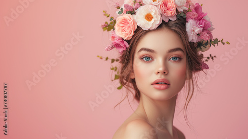 Beautiful fashion portrait of young woman with wreath of spring flowers in hairstyle over pink background. For aroma  cosmetics  skincare treatment promotion