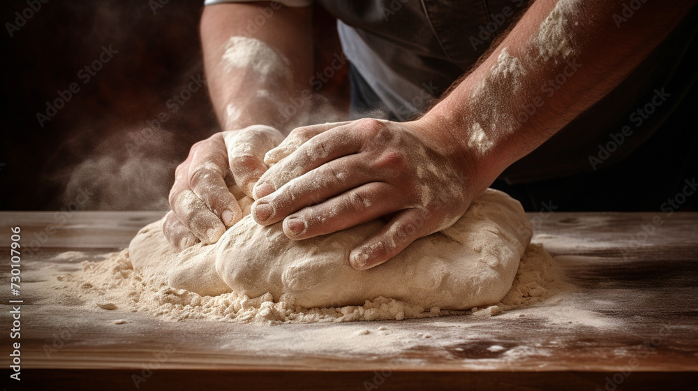 a person kneads dough on a wooden table