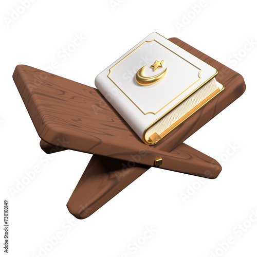 Islamic golden holy quran book with stand icon. Golden holy quran ramadan icon. 3D rendering holy quran isolated. Quran 3d icon illustration
