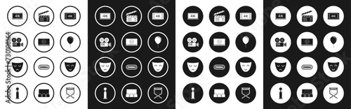 Set 4k movie, tape, frame, Online play video, Cinema camera, Laptop screen with technology, Balloon ribbon, Movie clapper, Comedy theatrical mask and Drama icon. Vector