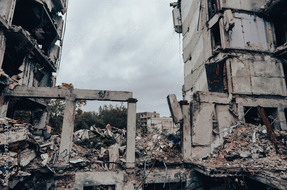 destroyed and burned houses in the city Russia Ukraine war