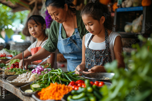 A family taking a cooking class in Phuket, learning to make authentic Thai dishes from a local chef, surrounded by fresh ingredients © HADAPI