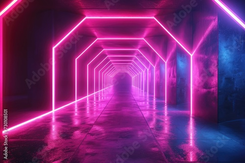 Abstract Neon Light Glowing Hallway with Pink and Blue Tones, Disco Cyberpunk Spotlight Tunnel Stage Illumination Featuring Triangles and Square Shapes