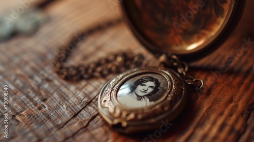 A close-up of a vintage-inspired locket with a cherished photo inside, evoking sentimental and nostalgic feelings