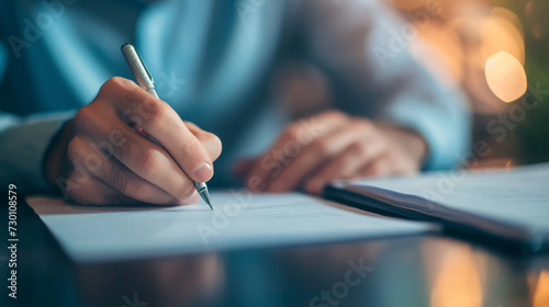 A close-up shows a person\'s hands signing a document on a desk, one hand holding a pen with precision and the other providing stability