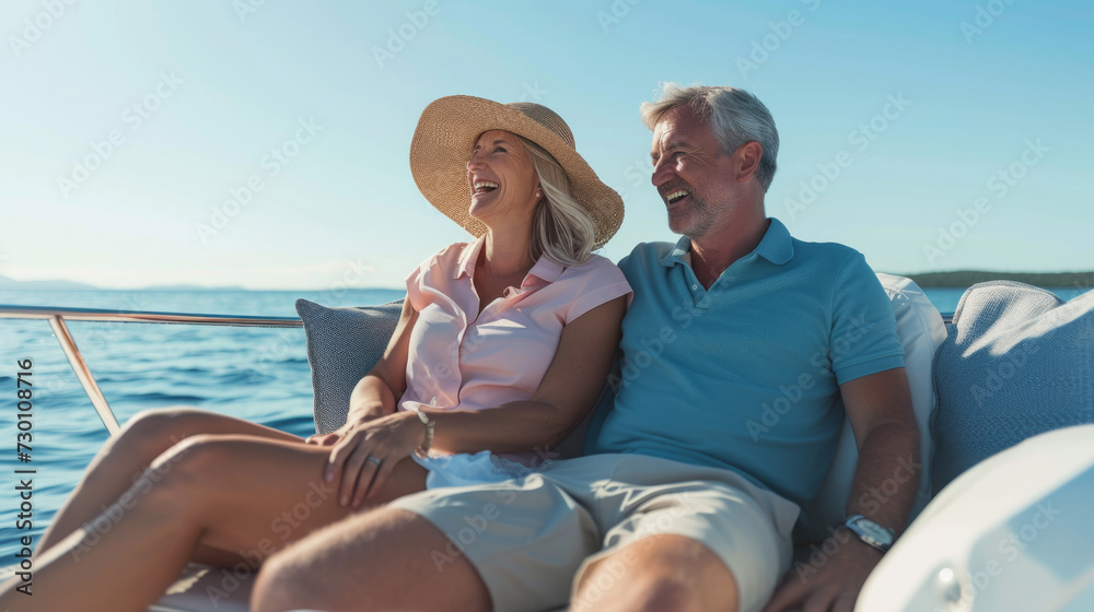 cheerful mature couple enjoying a sunny day on a boat cheerful mature couple enjoying a sunny day on a boat