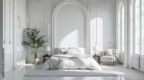 3d rendering of a classic luxury bedroom with white walls and a large bed. Ai generative. photo
