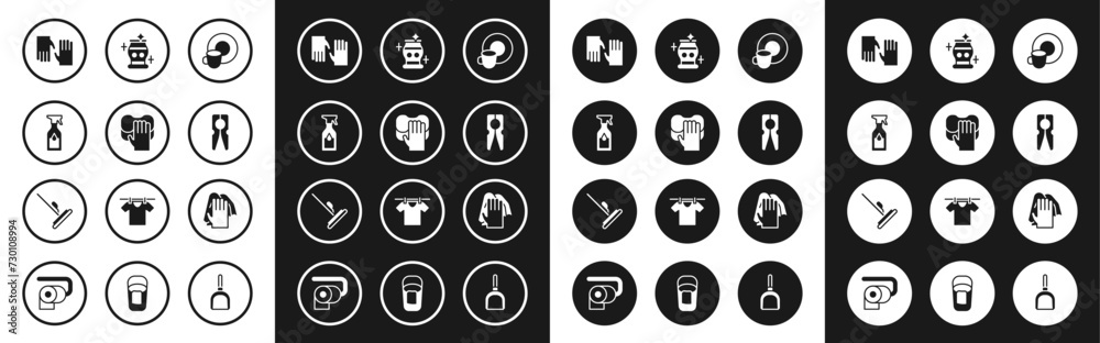 Set Washing dishes, Cleaning service, spray bottle, Rubber gloves, Clothes pin, vase, and Mop icon. Vector