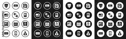 Set Stock market news, Cryptocurrency exchange, Credit card, Bull, ATM and money, Buy button, Pie chart infographic and Trading courses icon. Vector