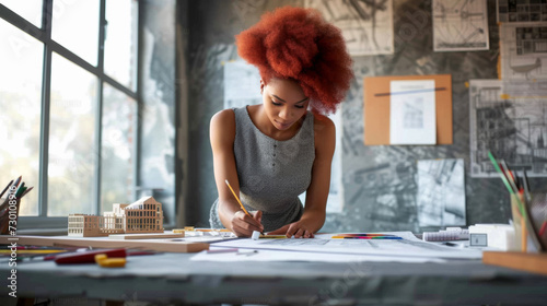 focused woman with short red hair is working on architectural drawings at a drafting table with sketches and a model building in front of her.