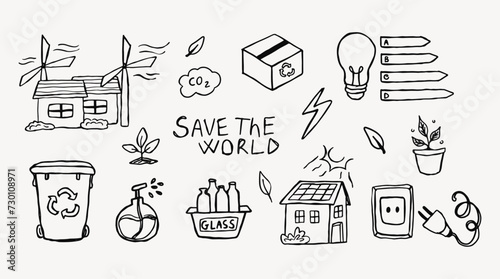Hand-drawn at-home sustainability doodles. Green energy
