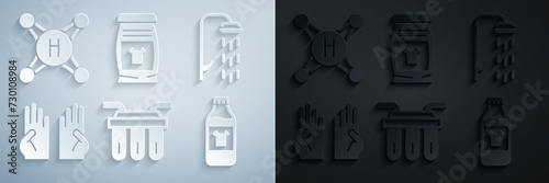 Set Water filter, Shower, Rubber gloves, Bottle for cleaning agent, Laundry detergent and tap icon. Vector
