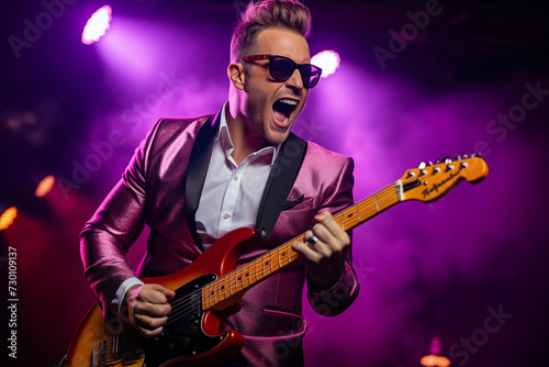 Energetic guitarist in a shiny purple blazer, white shirt, and sunglasses rocking the stage with a powerful performance of a rock song.