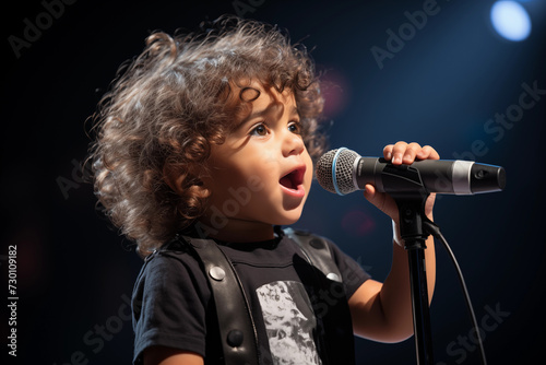 Adorable toddler with curly hair singing into a microphone on a dark background.