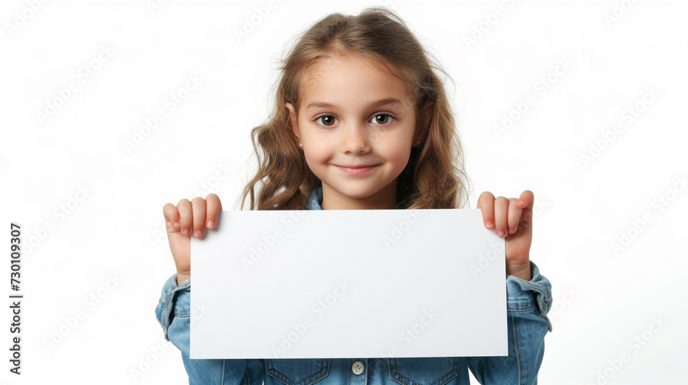Smiling Girl Holding White Sheet for Your Message, Copy Space Smiling Girl Holding White Sheet for Your Message, Copy Space