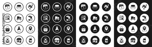 Set Coin money with dollar, Hand truck and boxes, Warehouse interior, New price tag, Price for fish, Chicken egg, Location Market store and Shopping bag recycle icon. Vector