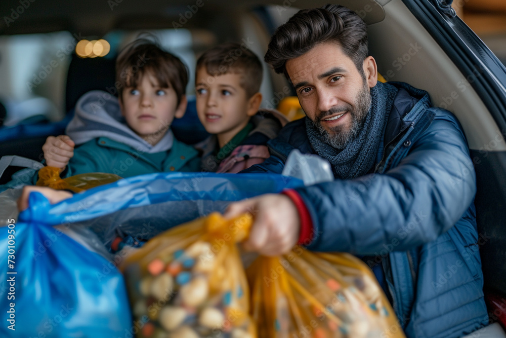 A family packing a car with bags of donations for a local shelter, including clothes, shoes, and non-perishable foods, ready to make a difference 