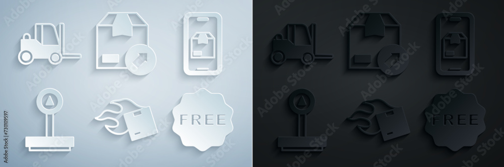 Set Carton cardboard box, Mobile app delivery tracking, Scale, rice tag with Free, and Forklift truck icon. Vector Set Carton cardboard box, Mobile app delivery tracking, Scale, rice tag with Free, and Forklift truck icon. Vector