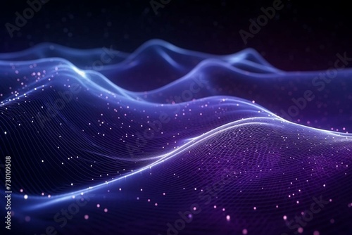 dynamic particle wave in cyberspace, stunning purple on blue. 3D rendered illustration. Generative AI