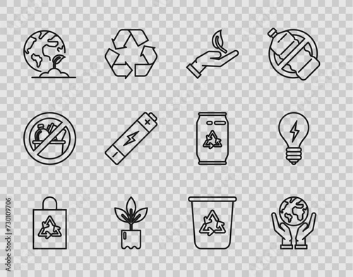Set line Plastic bag with recycle, Human hands holding Earth globe, Sprout of environmental protection, Plant bottle, plant, Battery, Recycle bin symbol and Light bulb lightning icon. Vector