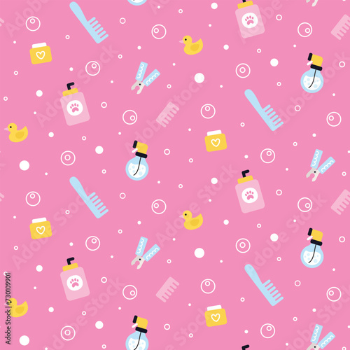 Seamless vector pattern with dog pet grooming equipment. Caring about pet. Flat vector illustration