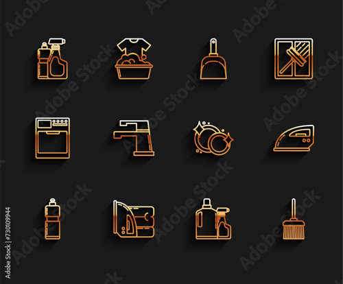 Set line Plastic bottles for liquid dishwashing liquid, Electric iron and towel, Handle broom, Water tap, and Washing dishes icon. Vector