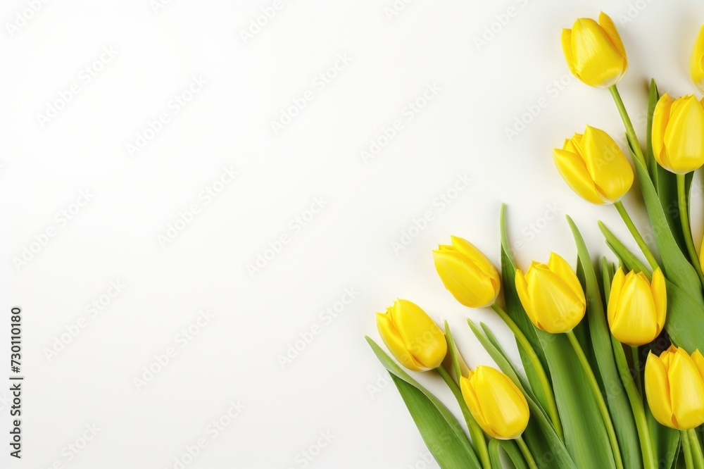 Obraz premium Yellow Tulip Blossom: Beautiful Spring Bouquet on a Green Background with Copyspace for Text, Top