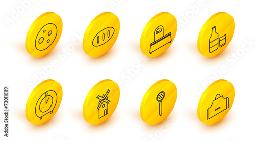 Set line Kitchen apron, Strainer spoon, Windmill, timer, Glass bottle with milk and glass, Scales, Bread loaf and Cookie or biscuit chocolate icon. Vector