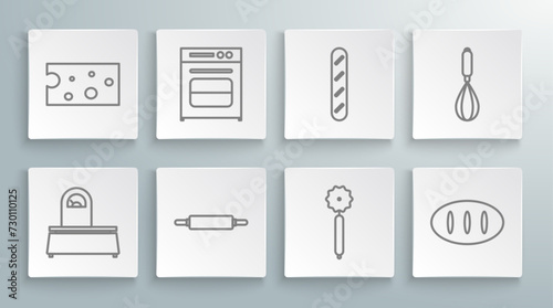 Set line Scales, Oven, Rolling pin, Pizza knife, Bread loaf, French baguette bread, Kitchen whisk and Cheese icon. Vector