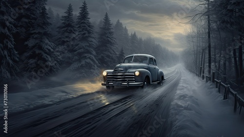 classic car on the snow