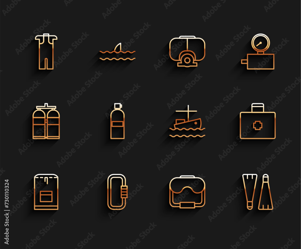 Set line Backpack, Carabiner, Wetsuit for scuba diving, Diving mask, Rubber flippers swimming, Aqualung, First aid kit and Fishing boat on water icon. Vector Set line Backpack, Carabiner, Wetsuit for scuba diving, Diving mask, Rubber flippers swimming, Aqualung, First aid kit and Fishing boat on water icon. Vector