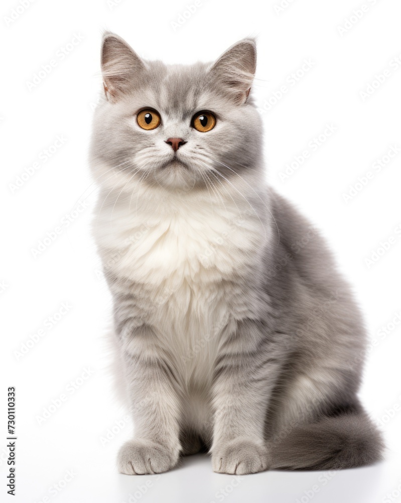 Gray Cat Sitting in Studio Isolated on White. Domestic Animal Photography of Cute Young Grey Pet