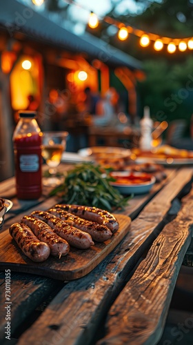 Very delicious looking sausages are on a cooked wooden serving plate on a wooden table
