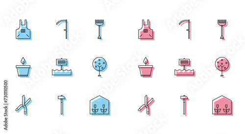 Set line Gardening handmade scissors, Hammer, Kitchen apron, Home greenhouse plants, Blank wooden sign board, Tree, Plant pot and Scythe icon. Vector