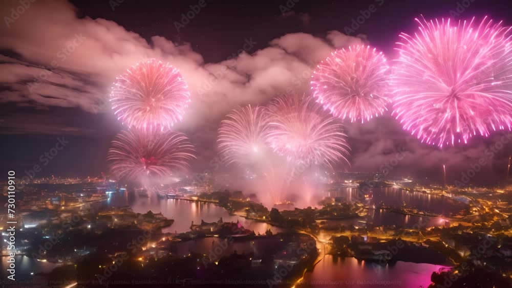 Multiple Exposure Firework Multiple fireworks brighten the night sky, creating a festive and ...