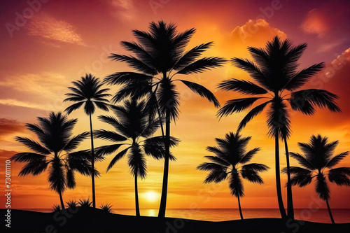 Silhouette palm trees on sunset at orange sky background. Tropical nature image landscape backdrop, amazing wallpaper. Stylish image for design. Concept of summer vacation travel. Copy text space © Alex Vog
