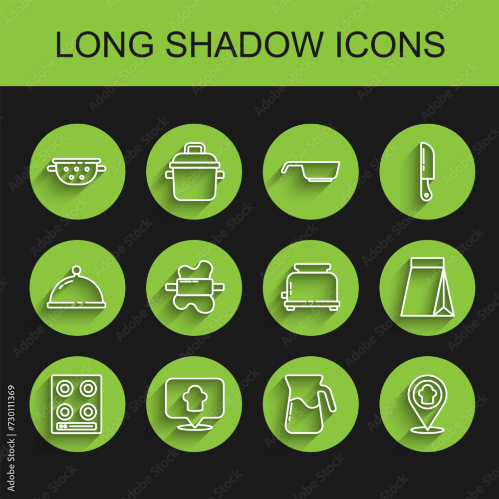 Set line Gas stove, Chef hat with location, Kitchen colander, Jug glass water, Rolling pin dough, Bag of coffee beans and Toaster icon. Vector Set line Gas stove, Chef hat with location, Kitchen colander, Jug glass water, Rolling pin dough, Bag of coffee beans and Toaster icon. Vector