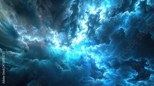 Abstract cosmic nebula with swirling blue clouds and bursts of light, creating a celestial scene. © Togrul