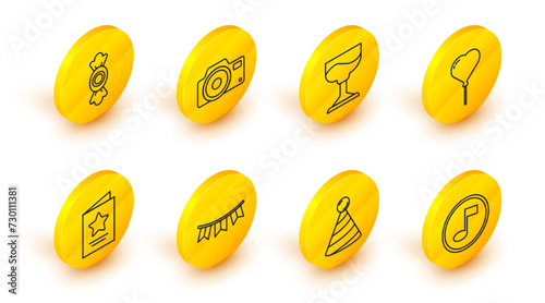 Set line Music note, tone, Party hat, Carnival garland with flags, Greeting card, Balloon form of heart, Cocktail, Photo camera and Candy icon. Vector