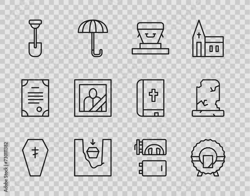 Set line Coffin with cross, Memorial wreath, grave, Shovel, Mourning photo frame, Crematorium and Old tombstone icon. Vector