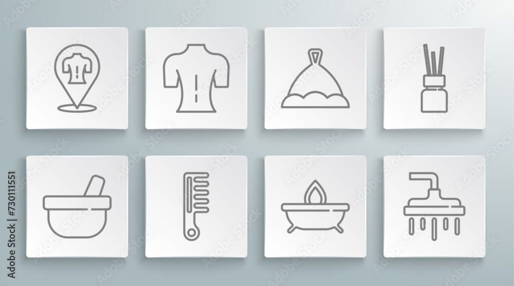 Set line Mortar and pestle, Massage, Hairbrush, Aroma candle, Shower head, Sauna hat, diffuser and icon. Vector Set line Mortar and pestle, Massage, Hairbrush, Aroma candle, Shower head, Sauna hat, diffuser and icon. Vector