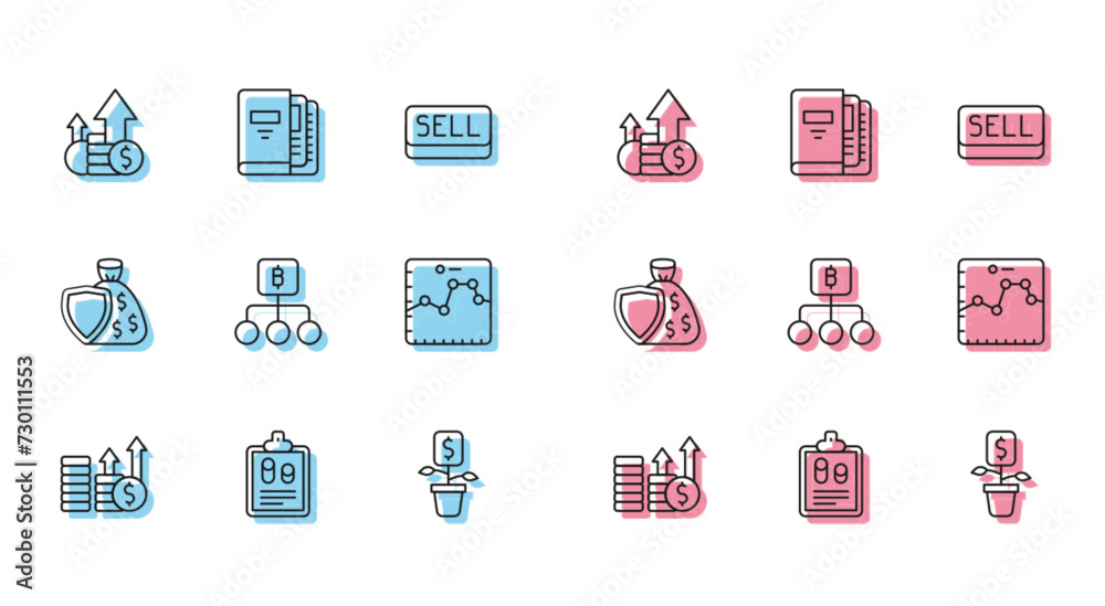 Set line Financial growth and dollar, Business finance report, coin, Dollar plant, Blockchain technology Bitcoin, Browser with graph, Shield money bag and Office folders icon. Vector Set line Financial growth and dollar, Business finance report, coin, Dollar plant, Blockchain technology Bitcoin, Browser with graph, Shield money bag and Office folders icon. Vector