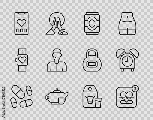 Set line Vitamin pill, Mobile with heart rate, Soda can, Teapot cup, Positive thinking, Paper package for milk and Alarm clock icon. Vector