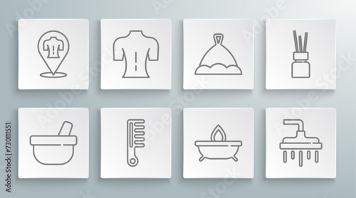 Set line Mortar and pestle, Massage, Hairbrush, Aroma candle, Shower head, Sauna hat, diffuser and icon. Vector